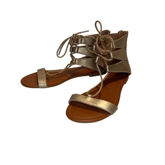 Report Gia Metallic Gold Lace Up Gladiator Flat Sandals Size 8 Zip Back Closure - Picture 6 of 9